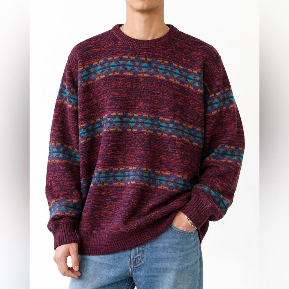 Vintage Reed St James Men's 90s Crewneck Sweater in Burgundy & Blue Size Large